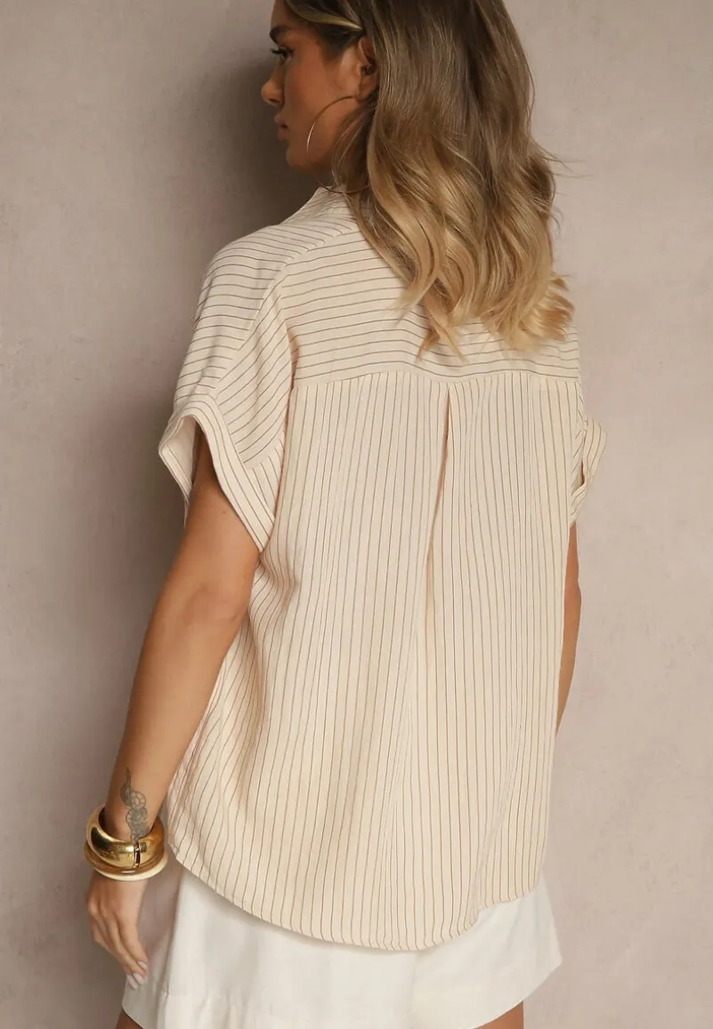 Beżowa Koszula w Paski z Krótkim Rękawem Vimorina