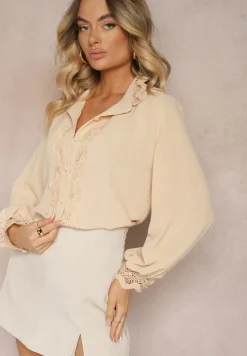 Beżowa Koszula z Ażurową Stójką i Bufiastym Rękawem Nito
