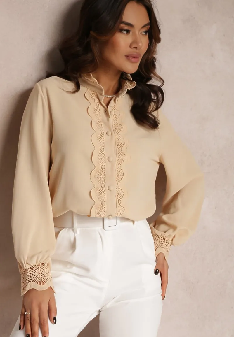 Beżowa Koszula z Ażurową Stójką i Bufiastym Rękawem Nito