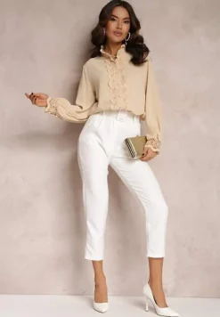 Beżowa Koszula z Ażurową Stójką i Bufiastym Rękawem Nito