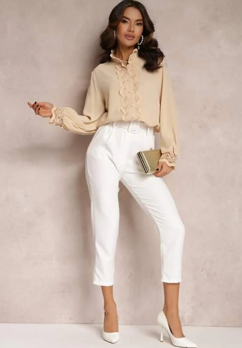 Beżowa Koszula z Ażurową Stójką i Bufiastym Rękawem Nito