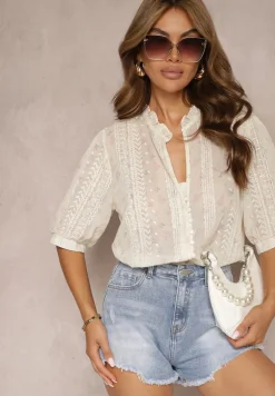 Beżowa Koszula z Bawełną i Stójką Wykończona Guzikami Vosofia