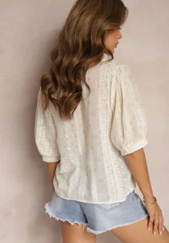 Beżowa Koszula z Bawełną i Stójką Wykończona Guzikami Vosofia