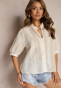 Beżowa Koszula z Bawełną i Stójką Wykończona Guzikami Vosofia