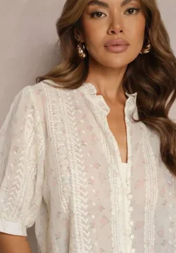 Beżowa Koszula z Bawełną i Stójką Wykończona Guzikami Vosofia