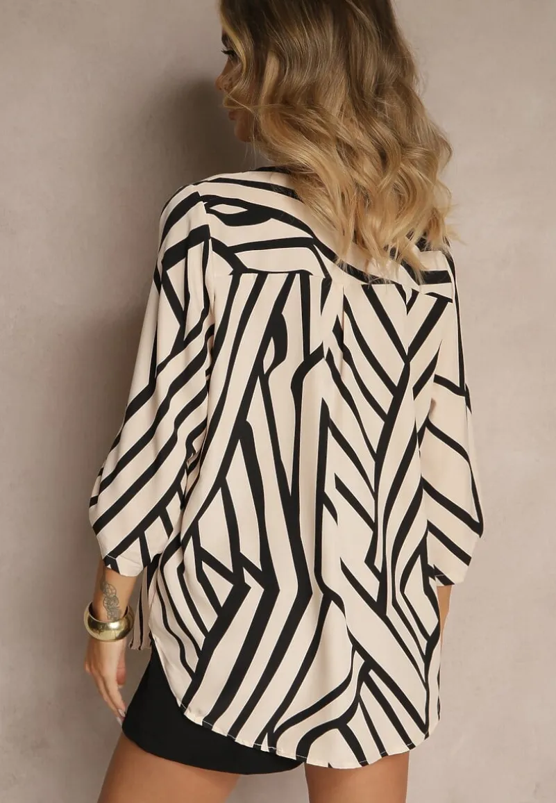 Beżowa Koszula z Bawełną o Geometrycznym Motywie Amorria