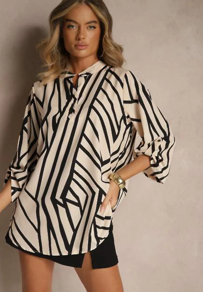 Beżowa Koszula z Bawełną o Geometrycznym Motywie Amorria