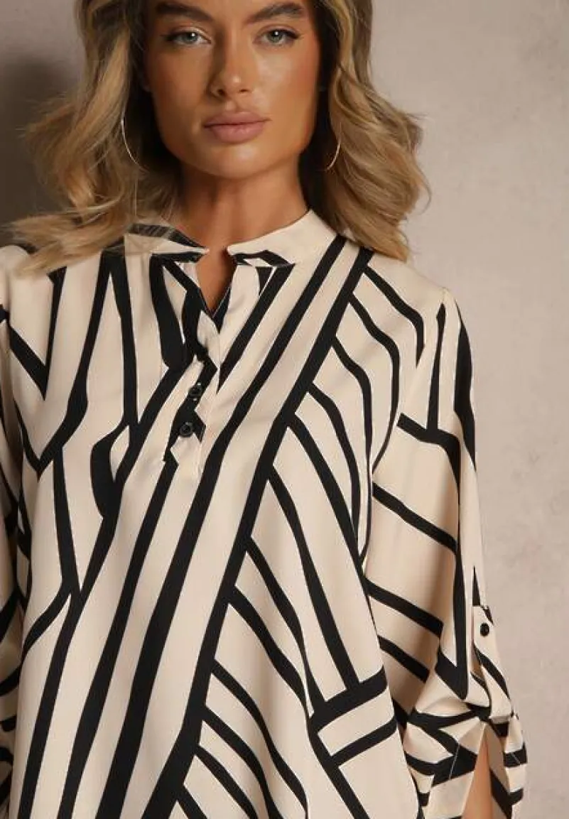 Beżowa Koszula z Bawełną o Geometrycznym Motywie Amorria