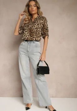 Beżowa Koszula z Bawełną w Panterkę z Regulowanymi Rękawami Belsemi