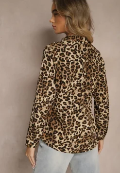 Beżowa Koszula z Bawełną w Panterkę z Regulowanymi Rękawami Belsemi