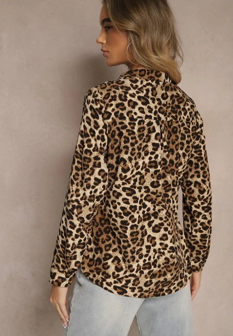 Beżowa Koszula z Bawełną w Panterkę z Regulowanymi Rękawami Belsemi