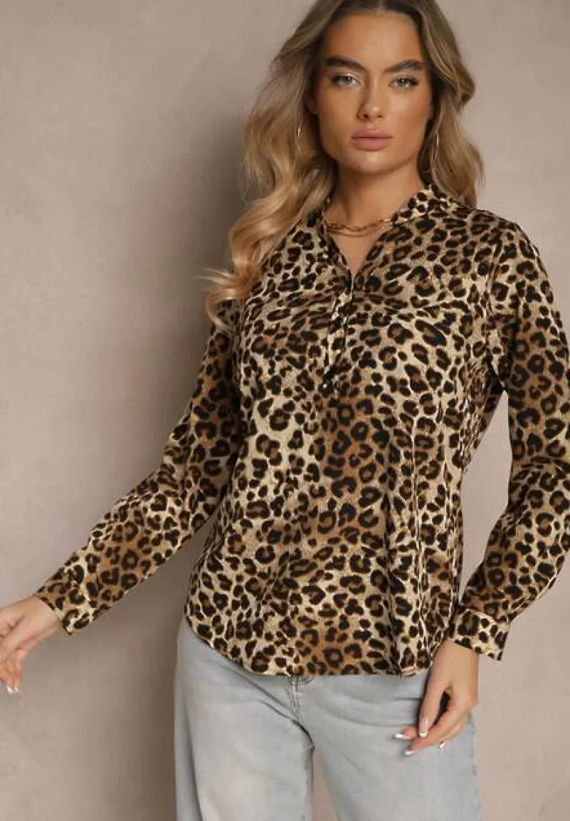 Beżowa Koszula z Bawełną w Panterkę z Regulowanymi Rękawami Belsemi