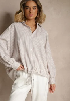 Beżowa Koszula z Bawełny o Kroju Oversize w Prążki ze Ściągaczem w Pasie Neoritia