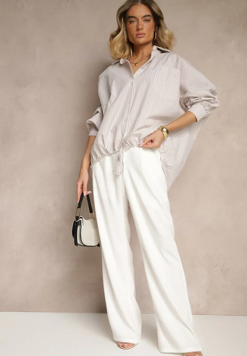 Beżowa Koszula z Bawełny o Kroju Oversize w Prążki ze Ściągaczem w Pasie Neoritia