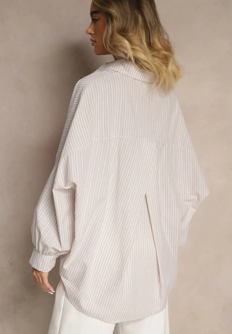 Beżowa Koszula z Bawełny o Kroju Oversize w Prążki ze Ściągaczem w Pasie Neoritia