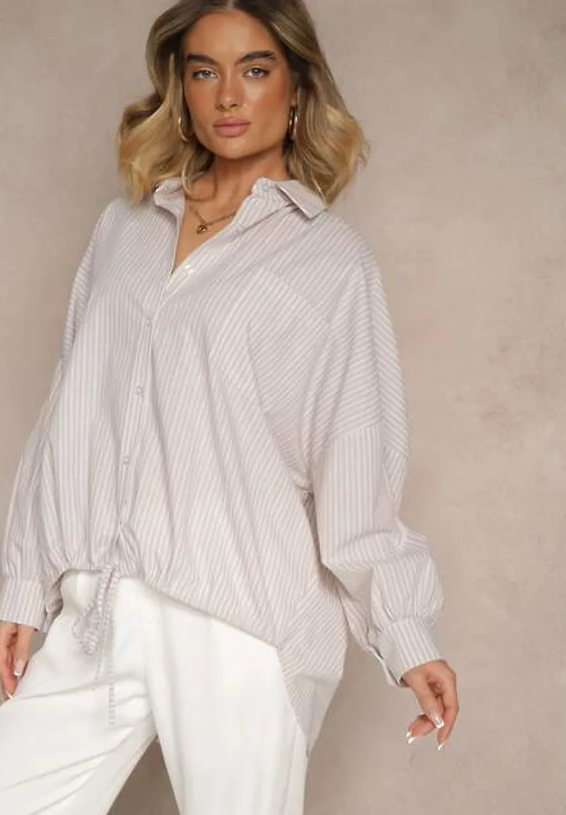 Beżowa Koszula z Bawełny o Kroju Oversize w Prążki ze Ściągaczem w Pasie Neoritia