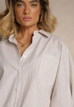 Beżowa Koszula z Bawełny o Kroju Oversize w Prążki ze Ściągaczem w Pasie Neoritia
