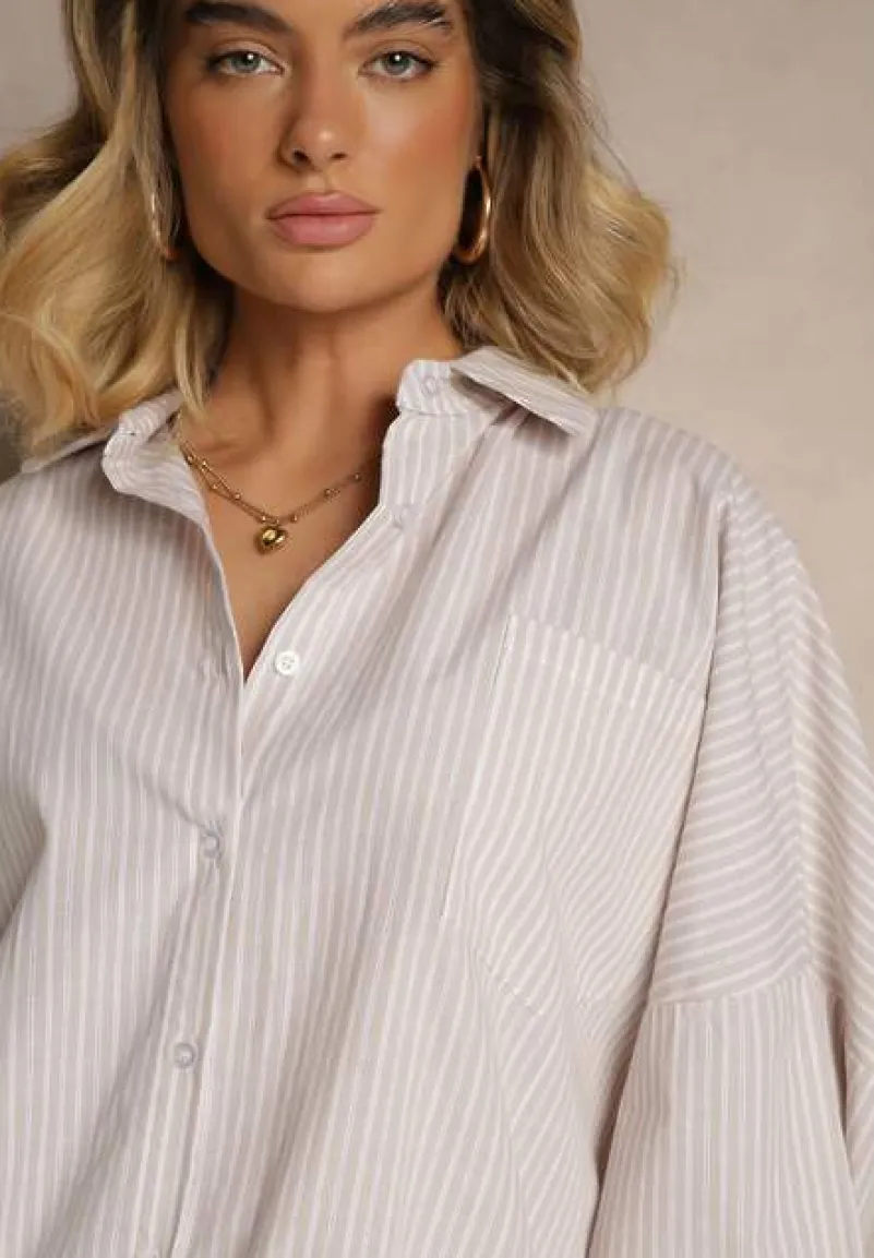 Beżowa Koszula z Bawełny o Kroju Oversize w Prążki ze Ściągaczem w Pasie Neoritia