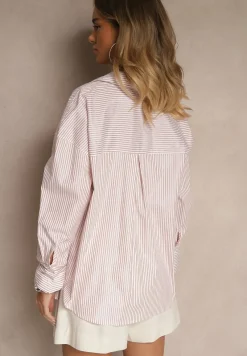 Beżowa Koszula z Bawełny o Kroju Oversize w Paski z Metalicznymi Zdobieniami Pasenitia