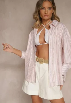 Beżowa Koszula z Bawełny o Kroju Oversize w Paski z Metalicznymi Zdobieniami Pasenitia