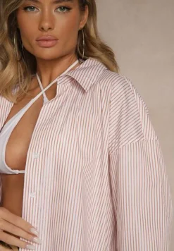 Beżowa Koszula z Bawełny o Kroju Oversize w Paski z Metalicznymi Zdobieniami Pasenitia