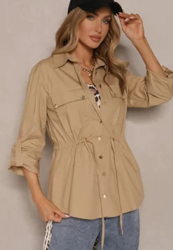 Beżowa Koszula z Bawełny ze Ściągaczem w Pasie i Ozdobnymi Guzikami Mepirae