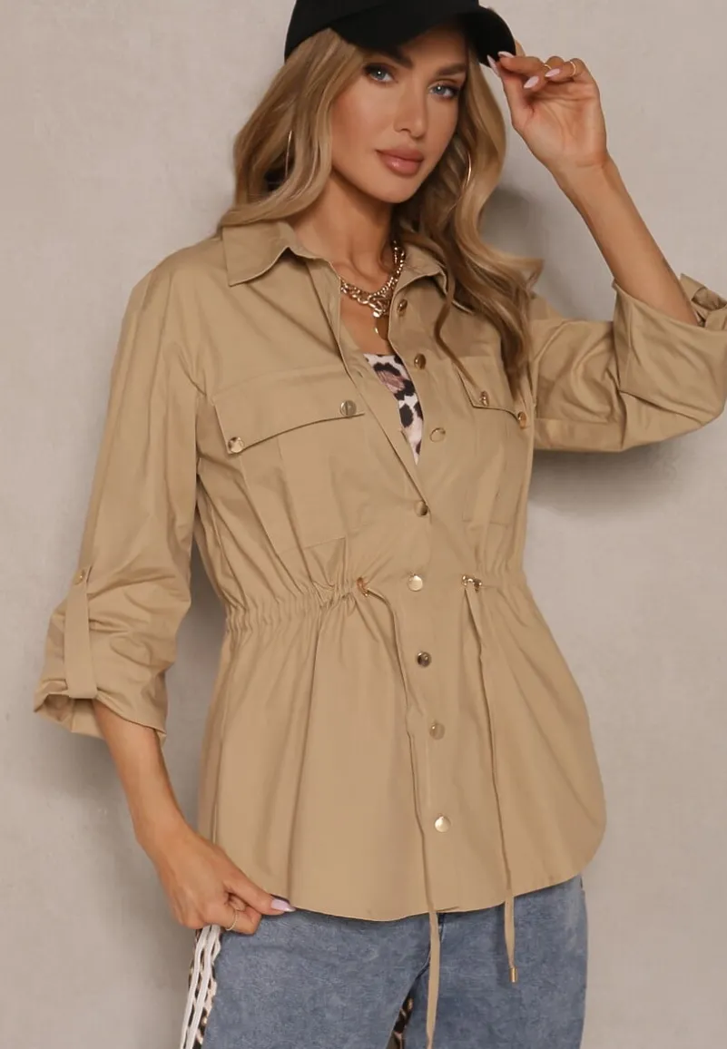 Beżowa Koszula z Bawełny ze Ściągaczem w Pasie i Ozdobnymi Guzikami Mepirae