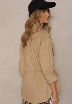 Beżowa Koszula z Bawełny ze Ściągaczem w Pasie i Ozdobnymi Guzikami Mepirae