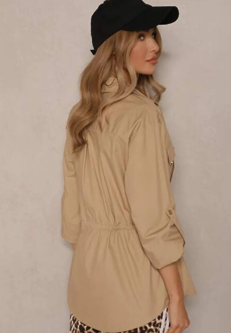 Beżowa Koszula z Bawełny ze Ściągaczem w Pasie i Ozdobnymi Guzikami Mepirae