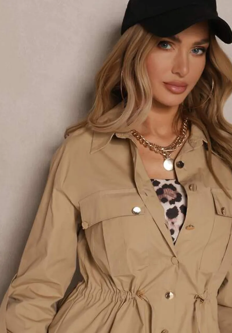 Beżowa Koszula z Bawełny ze Ściągaczem w Pasie i Ozdobnymi Guzikami Mepirae