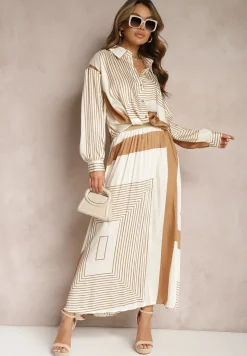 Beżowa Koszula z Bufiastymi Rękawami i Geometrycznym Printem Tavalora