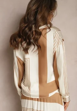 Beżowa Koszula z Bufiastymi Rękawami i Geometrycznym Printem Tavalora