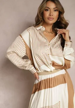 Beżowa Koszula z Bufiastymi Rękawami i Geometrycznym Printem Tavalora