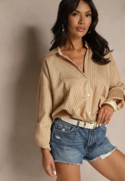 Beżowa Koszula z Dodatkiem Bawełny Ozdobiona Paskami Meridria