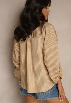 Beżowa Koszula z Dodatkiem Bawełny Ozdobiona Paskami Meridria