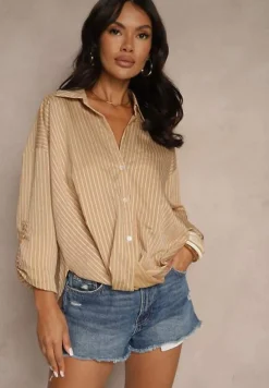 Beżowa Koszula z Dodatkiem Bawełny Ozdobiona Paskami Meridria