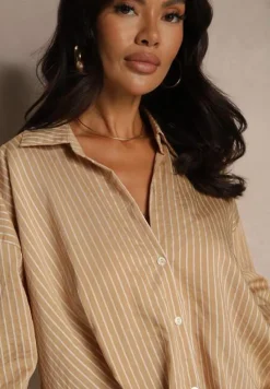 Beżowa Koszula z Dodatkiem Bawełny Ozdobiona Paskami Meridria
