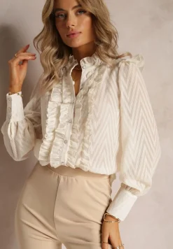 Beżowa Koszula z Ozdobnymi Rękawami i Stójką z Falbanką Mylonia
