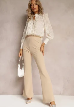 Beżowa Koszula z Ozdobnymi Rękawami i Stójką z Falbanką Mylonia