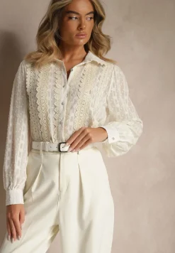 Beżowa Koszula z Transparentnej Tkaniny z Koronką i Metalicznymi Przeszyciami Sepuria