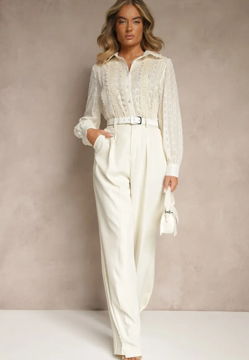 Beżowa Koszula z Transparentnej Tkaniny z Koronką i Metalicznymi Przeszyciami Sepuria