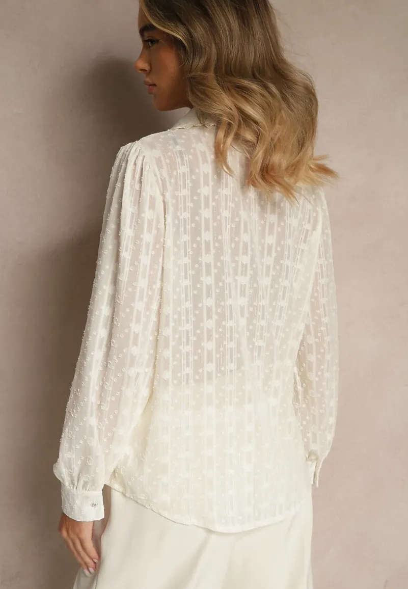 Beżowa Koszula z Transparentnej Tkaniny z Koronką i Metalicznymi Przeszyciami Sepuria