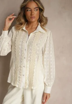 Beżowa Koszula z Transparentnej Tkaniny z Koronką i Metalicznymi Przeszyciami Sepuria