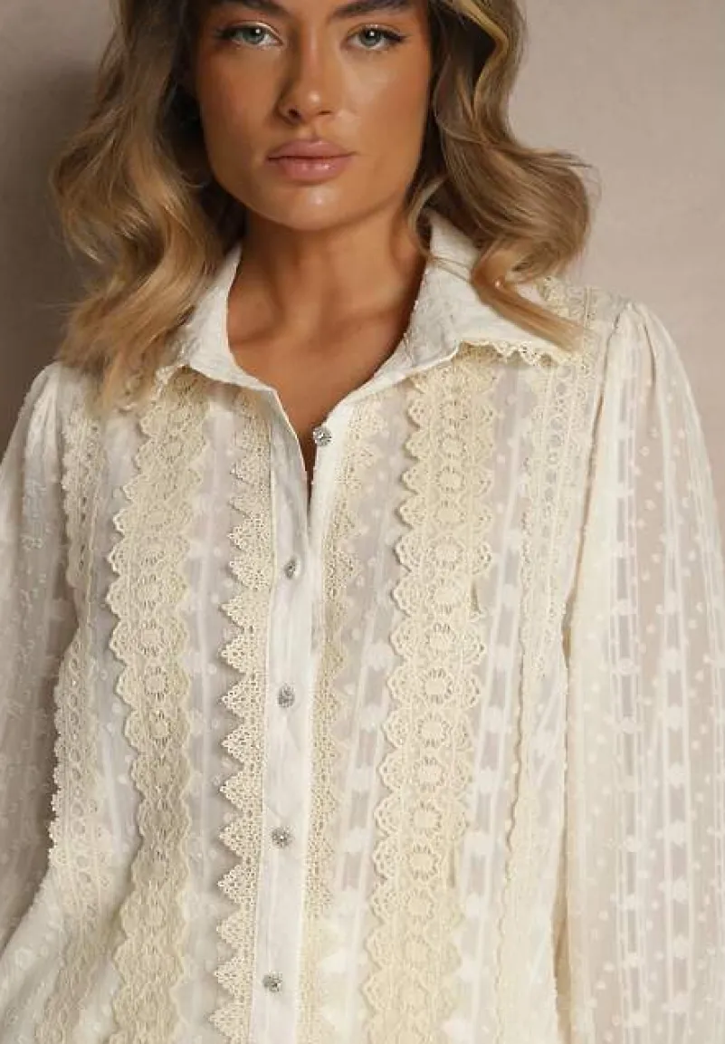 Beżowa Koszula z Transparentnej Tkaniny z Koronką i Metalicznymi Przeszyciami Sepuria