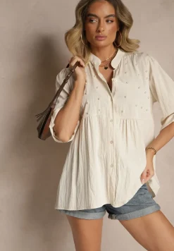 Beżowa Koszula z Wiskozą i Perełkami Tanathiel