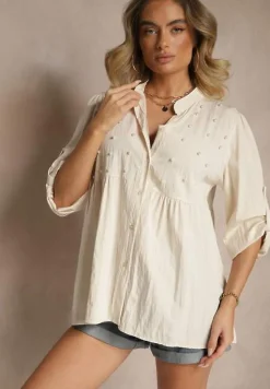 Beżowa Koszula z Wiskozą i Perełkami Tanathiel