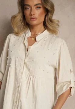 Beżowa Koszula z Wiskozą i Perełkami Tanathiel