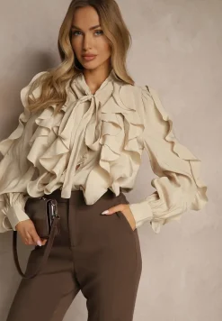 Beżowa Koszula z Wiskozą Zdobiona Falbanami i Wiązaniem przy Szyi Ravissa