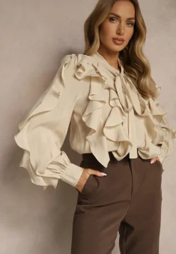 Beżowa Koszula z Wiskozą Zdobiona Falbanami i Wiązaniem przy Szyi Ravissa