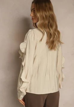 Beżowa Koszula z Wiskozą Zdobiona Falbanami i Wiązaniem przy Szyi Ravissa